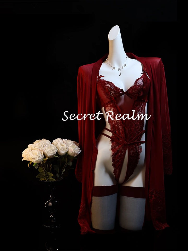 Ensemble 5 pièces de luxe en dentelle bordeaux