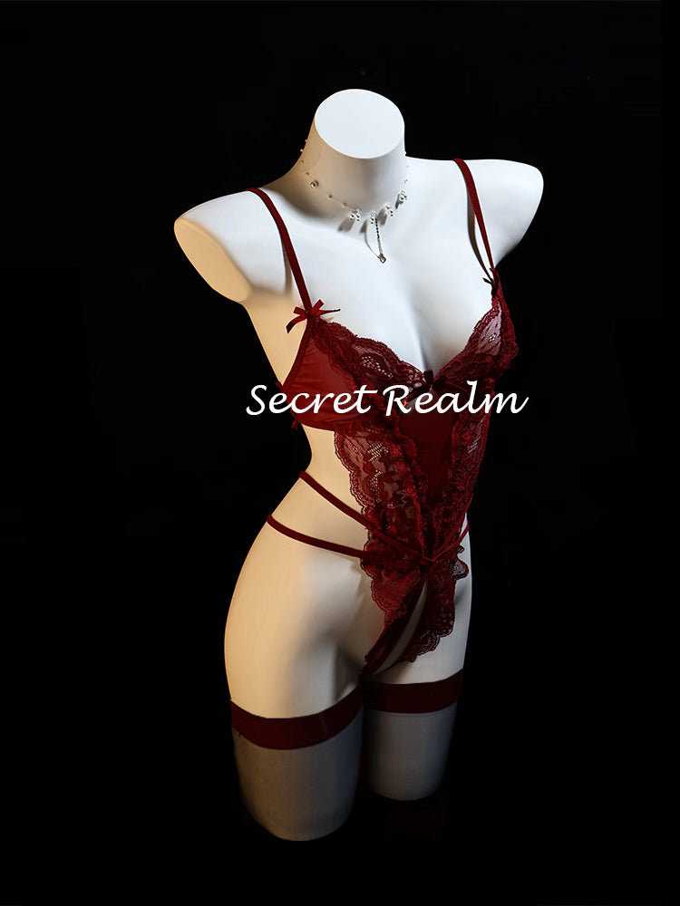 Ensemble 5 pièces de luxe en dentelle bordeaux
